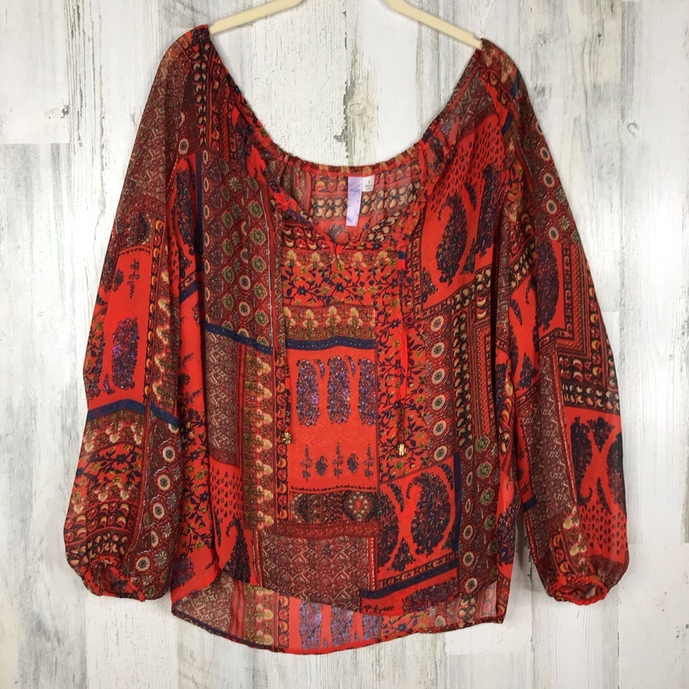 Boho peasant top with keyhole tie at neck